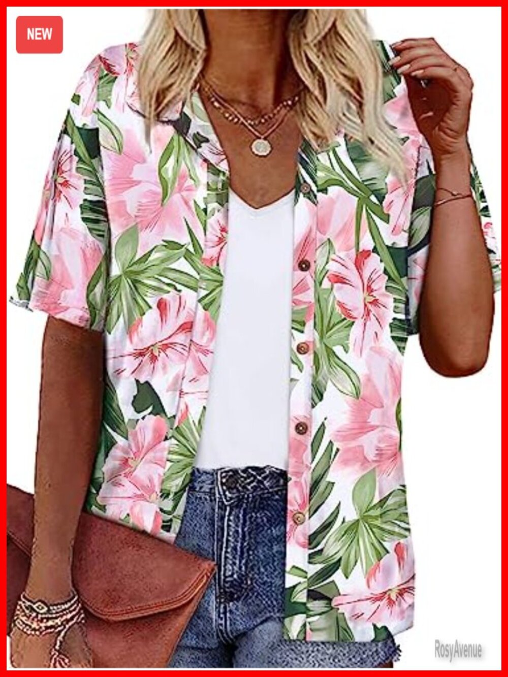 Women's Hawaiian Button Down Shirt Short Sleeve V-Neck Summer Beach Top
